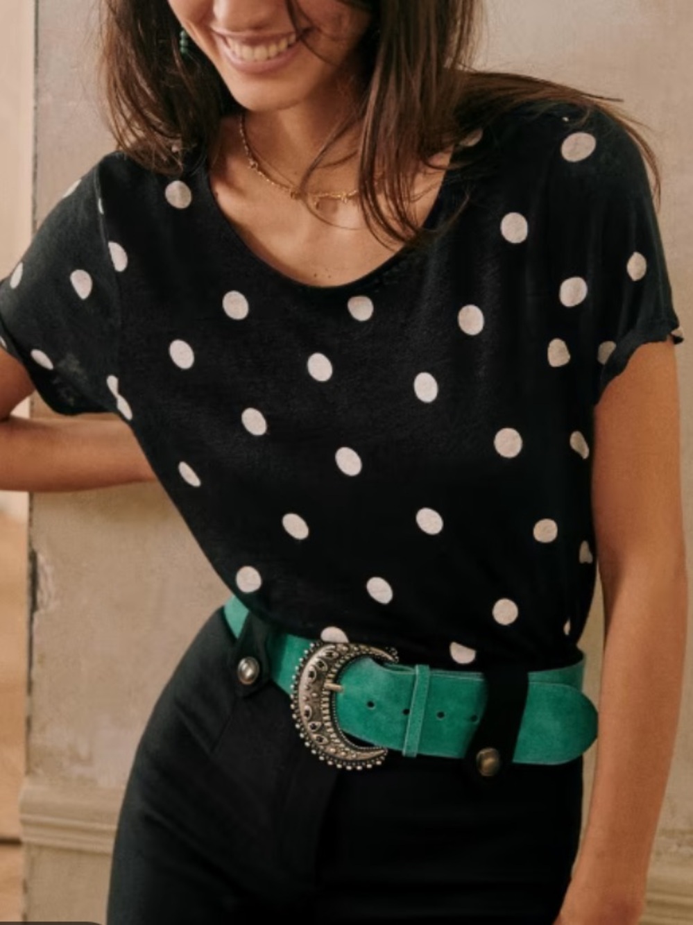 Sezane Andre 100% Linen Tee Polka Dot Medium Black White